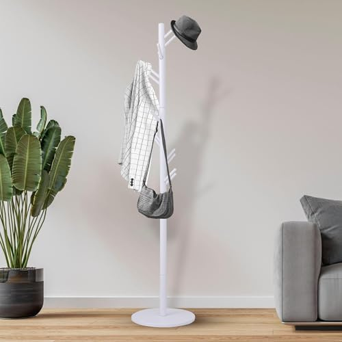Bayt Perchero de Pie de Madera, Perchero de Abrigos con 8 Ganchos, 3 Alturas Ajustables, Base Redonda Estable, para Entrada, Dormitorio y Recibidor, 175 x 47 cm, Blanco