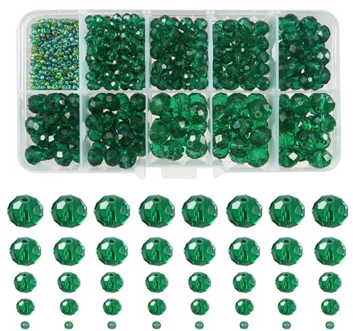 TOAOB 1 000 st fasetterade kristallpärlor runda lösa glaspärlor, mörkgrön, 2 mm, 4 mm, 6 mm, 8 mm, 10 mm, genomskinliga kristallpärlor för smyckestillverkning, gör-det-själv-armband, halsband