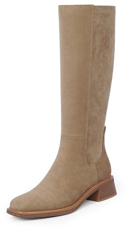 QIY Knee High Boots for Women Chunky Heel Tan Camel Stretch Tall Boots for Women Fall Calf High Heeled Long Suede Square Toe Boot Low Heel Size 9.5
