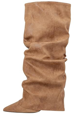 Générique Bottines Femme Plates Hiver Bottines Femme Bout Pointu Bottine Slouchy Plissé Botte Décontracté Mollets Larges Bottes Couleur Unie Polyvalent Boot Mollet Haute Chaussure Grande Taille Botte