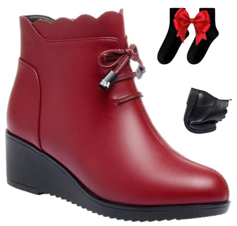 Botines ortopédicos de piel auténtica con cordones para mujer, con plataforma de cuña, botas de invierno cálidas con cremallera lateral y forro de piel, Cuña roja, 39.5 EU