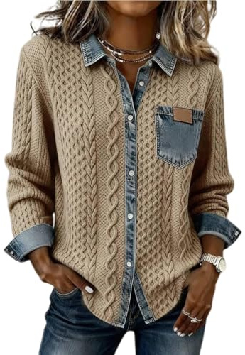 Maglione da donna in denim colletto abbottonato patchwork denim camicia vintage waffle maglia jeans maglione abbigliamento casual camicette top, cachi, M