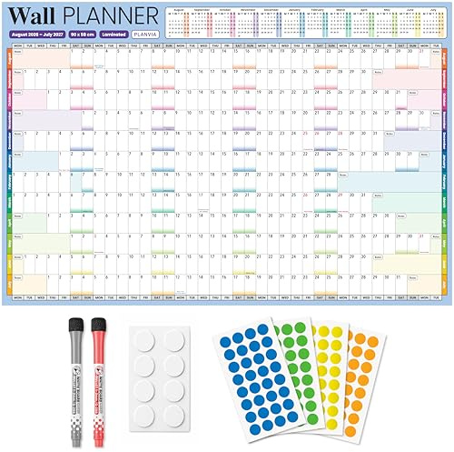 Academic Year Wall Planner 2026-2027 Large A1 UK Calendar 90 x 58cm Laminated Erasable Yearly Wall Chart for Home Classroom & Office Includes Dry Wipe Pens Adhesive Pads & Coloured Stickers by Planvia
