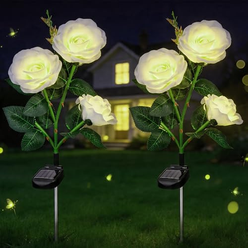 Hahorpa 2uds Luces Solares Exterior Jardín Rosa, IP65 Impermeables Luz Solar Exterior Decorativa de LED, Luces Jardín Solares para Estacas de Camino, Lámpara Solar para Jardín, Sendero, Tumba