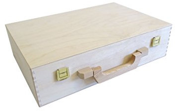 KF-Holz Holzkoffer naturbelassen - Aktenkoffer - Aufbewahrungskoffer - idealer Bastelkoffer & Malkoffer - Geschenkkoffer aus Holz - tragbarer Holzkoffer (420 x 320 x 100 mm)
