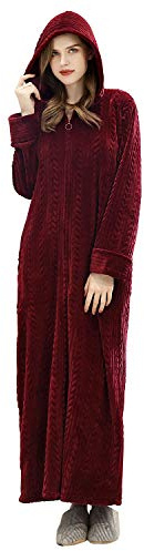 Artfasion Womens Zipper Hooded Robe: Long Zip Up Front Bathrobes Full Length Soft Bath Robes Cozy House Coat Sleepwear with Pockets for Mom Wife Shower Spa Mother's Day Gifts (Wine Red L-XL)