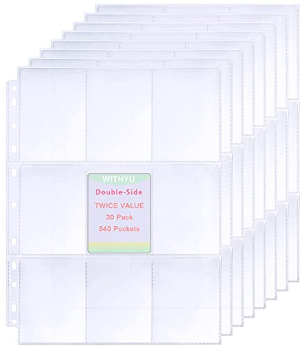 540 Buste per Carte da Collezione, Doppio Lato 9 Sacchetti, Fogli di Carte Ultra Trasparenti 11 Fori per Raccoglitore ad Anelli 2/3/4, Buste per Carte da Gioco, Carte di Calcio