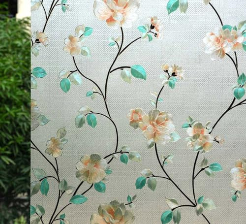 VSUDO Privacy Window Film, Jasmine Flower Pattern Window Tint for Home, Static Cling Window Glass Stickers (44.5x200 cm)