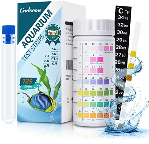 Umlecoa 7 in 1 Aquarium Test Kit for Freshwater and Saltwater - 125 Aquarium Test Strips with Test Tube & Thermometer - Fast & Accurate Water Testing Strips for Aquarium/Pond/Pool