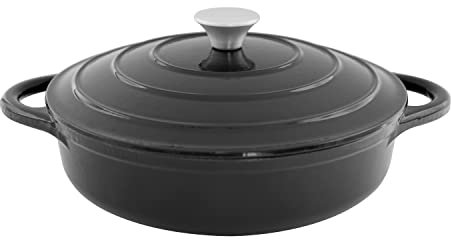 Blackmoor 67579 28cm Cast Iron Shallow Casserole Dish With Lid / 2.5L Capacity/Oven Proof Up To 260°C/Non-Stick Enamel Coating/Easy Grip Handles/Works On All Hob Types/Stylish Black Colour