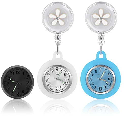 2 Stück Krankenschwester Taschenuhr, Digitale zum Aufhängen Silikon-Clip auf Einziehbarer, Leuchtender Krankenpflegeuhr mit Niedlichem Blumenmuster für Krankenschwestern, Ärzte, Studenten (Weiß, Blau)