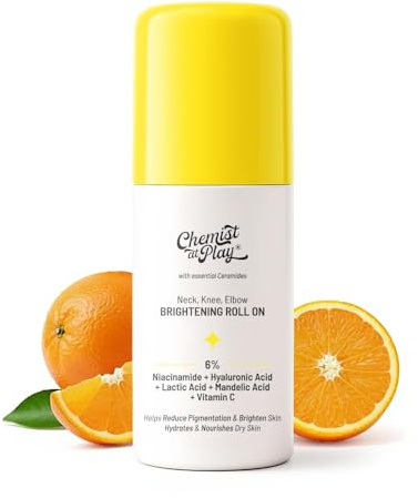 Chemist at Play Brightening & Whitening Roll On for Neck, Knee & Elbow with 6% Vitamin C+ Hyaluronic Acid + AHAs + Niacinamide + Ceramides Exfoliates, Brightens Skin & Hydrates Dry Skin 40ml