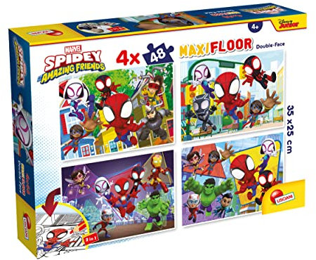 Lisciani - MARVEL Puzzle MAXIFLOOR Spidey Amazing Friends - 100378 - Puzzle Doppelseitig 4x48 Teile - Rückseite zum Ausmalen - Denk- und Geduldspiel - Lernspiel - Für Kinder ab 4 Jahren