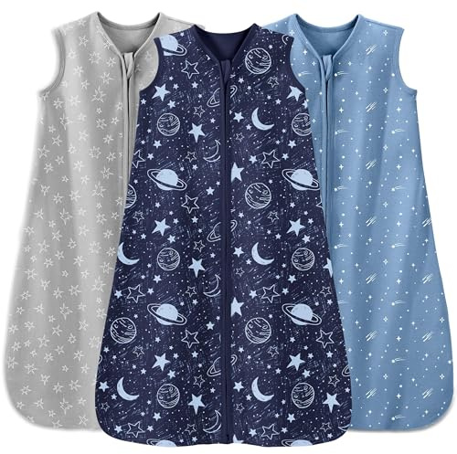 Unnivoll Baby Sleep Sack 6-12 Months 3 Pack 100% Cotton Lightweight 0.5 TOG Wearable Blanket Baby Sleep Bag with 2-Way Zipper for Newborn Infant Blue