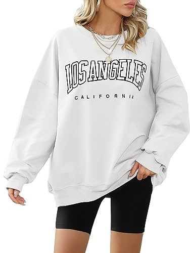 Xnova Felpa Donna Girocollo Felpa Oversize Donna Casual Maniche Lunghe con Stampa Lettera Los Angeles Sweatshirt Pullover Crop Top, Bianco, XXL