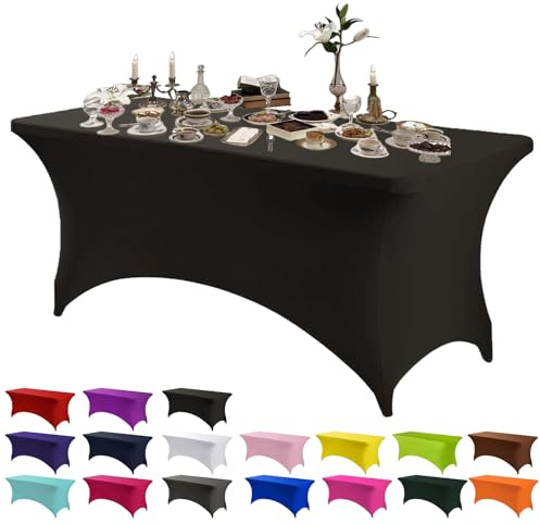 Black Stretchable Tablecloths,4ft Spandex Fitted Tablecover Washable Stretch Spandex Table Cover Fitted for Rectangle Tables,Universal Patio Elastic TableCover for Wedding Banquet Holiday Party