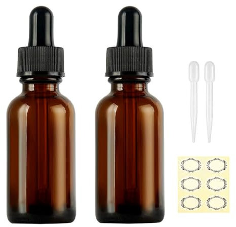 Apstaqeoo 2 st 50 ml droppflaskor i bärnstensglas – tomma påfyllningsbara prov med pipett för eterisk olja, aromaterapi, parfym, laboratorium – svart lock
