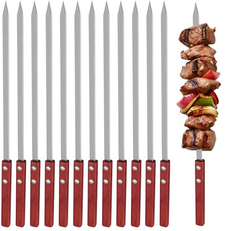 Lot de 12 brochettes à chachlyk en acier inoxydable : 35 cm, plates, réutilisables, avec manche en bois, longues brochettes pour barbecue, viande, légumes, accessoires de barbecue