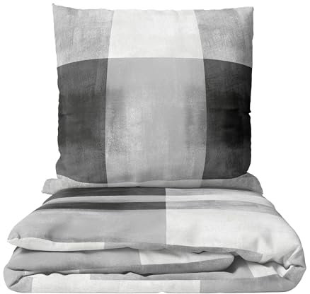 Leonado Vicenti Biber Bettwäsche 135x200 Winter Set flauschig Feinbiber kariert Grau Weiss Kissenbezug 80x80 cm mit verdecktem Reissverschluss