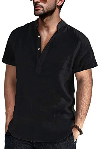 Runcati Henley Shirts - Camicia da uomo estiva a maniche corte, per il tempo libero, senza colletto, colletto alto