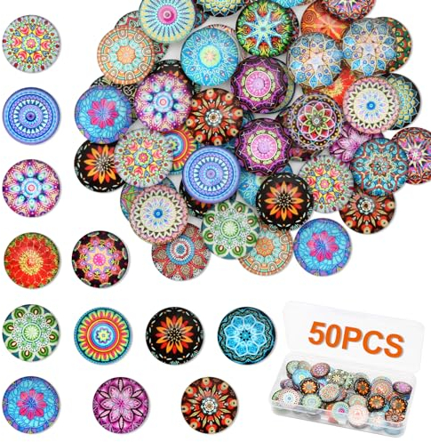 50 Stück Muggelsteine Bunt 20mm, Glas Mosaiksteine Rund mit Bunten Mustern, Verschiedene Glas Cabochons Flach zum Basteln, Heimdekoration