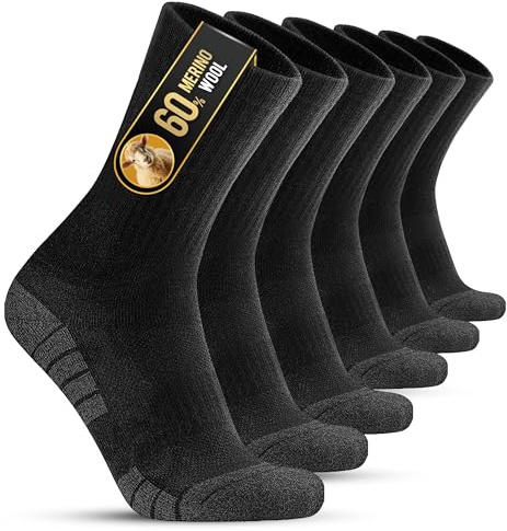 YESWEL Chaussettes en Mérinos Homme Femme 3 Paires, Chaussettes Anti-Dérapantes pour Randonnée, Chaussettes en Laine Respirantes pour l'Hiver, Chaussettes de Randonnée Chaudes(Noir, 43-46)