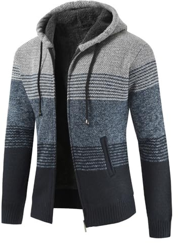 UUAISSO Uomo Felpe con Cappuccio Maglia Pullover Foderato in Pile Cardigan Cerniera Intera Casual vestibilità Regolare Cappuccio Grigio Chiaro + Blu Navy XXL