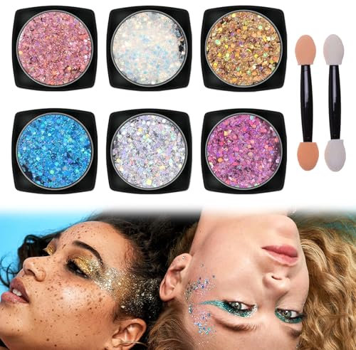 Gel Paillettes Visage, Paillettes pour le Visage pour le Corps, Maquillage Paillette Corps, Face And Body Holographic Flash, 6 Couleur