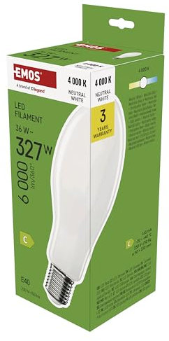 EMOS LED Lampe Edison Typ ED90, 36W Ersatz für 327W Glühbirne, Industrieleuchte, E40 Sockel, extra hell 6000 Lumen, Neutralweiß 4000 K, 25000 h Lebensdauer, CRI min. 80, 330° Abstrahlwinkel