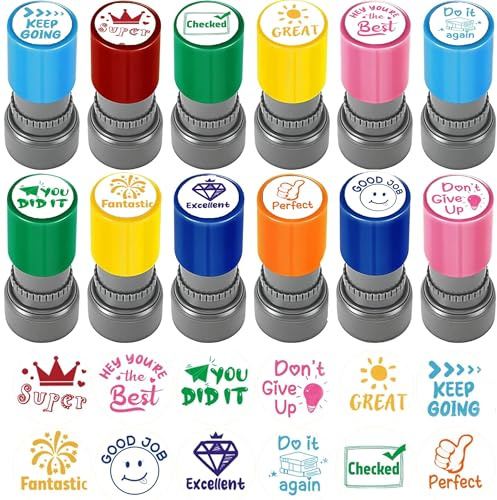 SQAQS 12PCS Timbres pour Enseignants, Tampons Enseignants Français, Tampon Encreur pour Enfant, Tampon Ecole Mignon pour Encourager Motiver Élèves, Fournitures pour Enseignants pour Classes, Groupe B