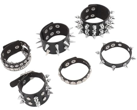 Yctze Juego de 6 Piezas de Remaches Punk con Tachuelas, Pulsera Negra, Botón a Presión de Cuero de PU, Muñequera con Púas para Hombres y Mujeres, Juego de Pulseras con Tachuelas (6PCS)