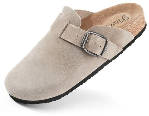 FITORY Damen Clogs Slip-on, Kartoffelleder, Mule, Spitze, Wildleder, Kork-Einlegesohle, Taupe, Größe 39