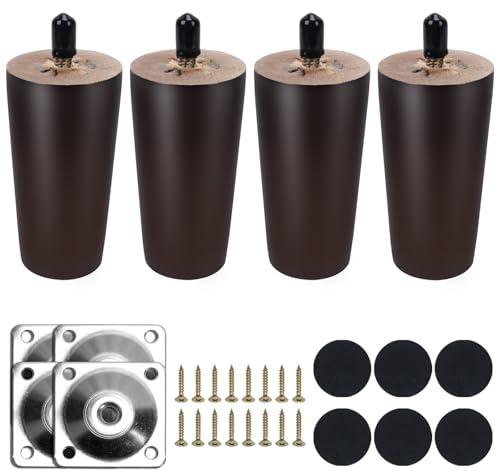 COEWUR 4 Piezas Patas de Madera para Muebles 12cm Nogal Pies para Muebles con Placa de Montaje Tornillos y Protectores de Suelo Patas para Sofas Cama Mesa de Té Mueble TV Sillón Armario