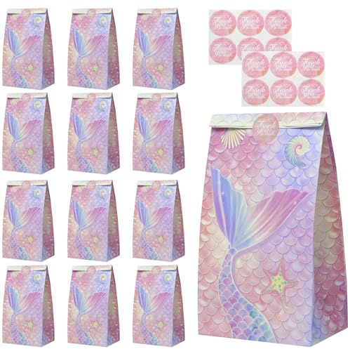 12 stycken sjöjungfru papperspåsar med klistermärken, barns födelsedagskalas presentförpackning papper godis partypåsar för giftiga och giveaways