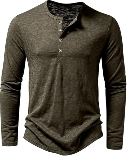 Iris Sprite Men's Casual Henley Long Sleeve T-Shirt Pullover Slim Fit Shirts Half Buttons Collarless Polo T Shirts Spring Autumn