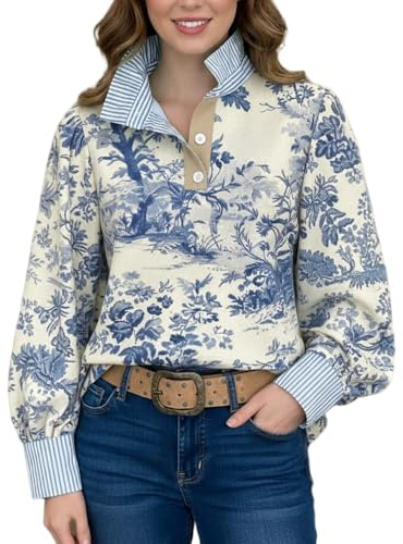 Vintage Floral Print Striped Collar Top, Women's Stand Collar Long Sleeve Button Ruffle Blouses, Business Casual (Color-D,Large)