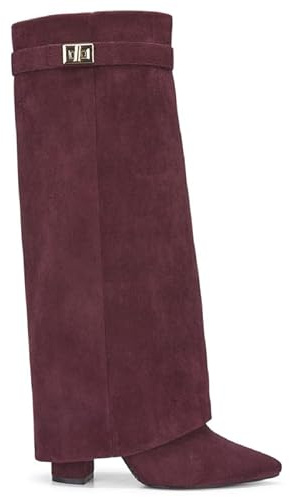 sole london LADIES Women's KNEE HIGH Fold Over Buckle Fashion Zip Pointed Block Heel Boots – Stylish Ruched Design – Comfortable Mid-Block Heel (4 INCH)– Faux Leather & Faux Suede