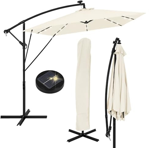 ML-Design Ombrellone da Giardino con LED Solare Ø 330 cm in Alluminio Beige, Parasole con Manovella Inclinabile e Girevole a 360°, Protezione Solare UV50+ Impermeabile con Supporto e Copertura