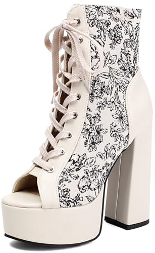 Sandali Donna Platform Tacco Alto Largo Peep Toe Lacci Suola Spessa Stivaletti alla Caviglia Suola Gomma Scarpe Estate Festa Club,Bianca,41 EU