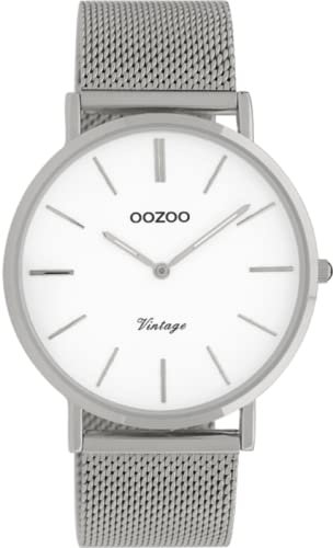 Oozoo Vintage Damenuhr mit massivem grobmaschigem Edelstahl Milanaise Metallband 32 MM Silberfarben/Weiss C9903