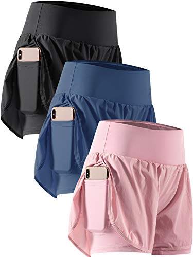 CADMUS 2 in 1 Women's Workout Shorts Athletic Gym Running Shorts for Women Phone Pockets,Black & Navy Blue & Pink, Medium