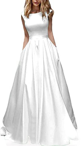 HPPEE Senza maniche Prom Dresses Stunning Bateau Neck Floor Lunghezza formale abiti da sera per le donne con tasche, bianco, 44