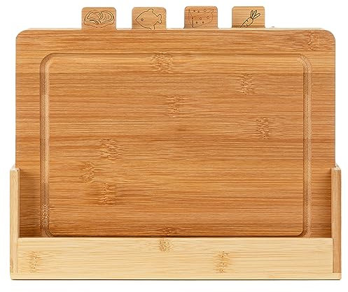 FLORINA Juego de 4 Tablas de Cortar de Bambú con Soporte CHEF I Bloques de Corte de Bambú Natural con Canaletas para Jugos I Antibacterianas I Para Cortar Queso, Carne, Frutas, Verduras