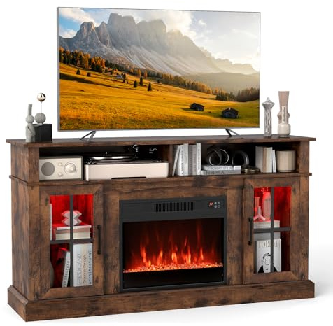 TANGZON Electric Fireplace Insert TV Stand, Freestanding Media Console Table Entertainment Center with 1800-2000W Fireplace Heater & Remote Control (Brown, 24 Fireplace,148x41x81cm for 65 TV)