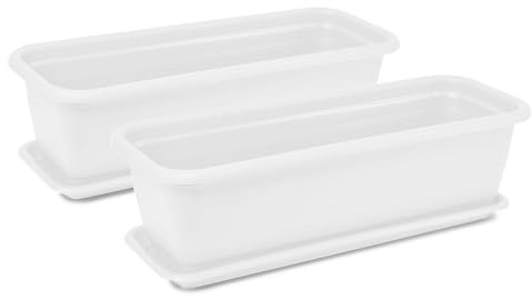 Tymar Blumenkasten mit Untersetzer, 2 Stück, Balkonkasten, Pflanzkasten aus Kunststoff, rechteckiger Blumentopf, Garten, Balkon, Terrasse(Weiß, 40x18,7x14,7cm)