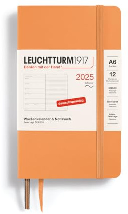 LEUCHTTURM1917 370530 Agenda settimanale e taccuino 2025, Pocket A6, copertina morbida – Agenda da 12 mesi, 80 g, a righe, albicocca