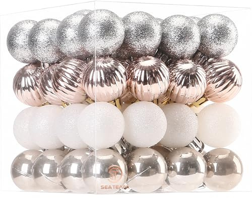 Sea Team 64er-Pack Weihnachtskugeln mit Schnüren, mittelgroße Bauble von 30mm/1,18 Zoll, bruchsichere Plastik-Weihnachtsbirnen, Hängedekorationen für Weihnachtsbaum, Feier, Party.Champagner&Weiß