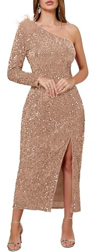 VERWIN Dam paljettklänning en axel bodycon sned krage maxiklänning glittrande spilld svepande cocktailklänning, Camel, XXL