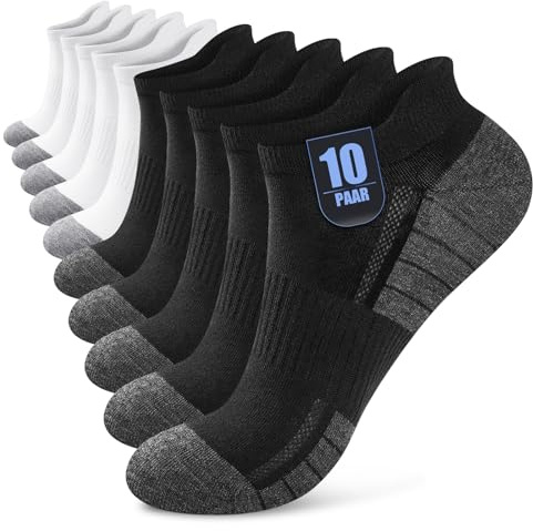 Effeet 10 Pares Calcetines Tobilleros Hombre Mujer, Calcetines Cortos Algodón Transpirables, Ideales para Deporte, Correr, Casa, Trabajo, Verano, Negro Blanco 43-46