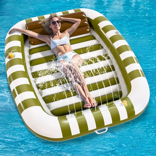 Pool Wave Inflatable Pool Lounger Floats, 80 x 66 Large Tanning Bed for Adult Kids, Outdoor Sun Bathing Floating Blow up Raft W/Pillow, Spray Water Mat, Summer Beach Lake Family Party Gift - Green